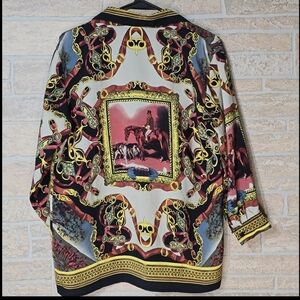 VTG Antibes Equestrian Chain Print Blouse Castlecore Old Money Hunt Club Button